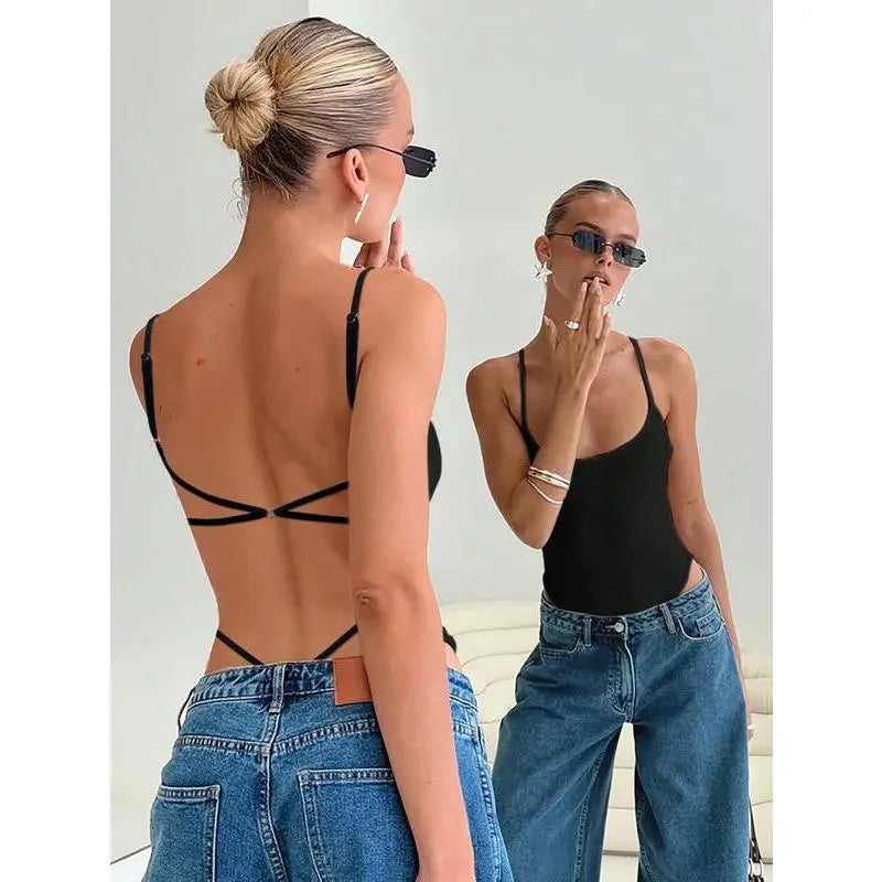 Women's Backless Cross-Strap Bodysuit — Comfortable Fitted Bodysuit