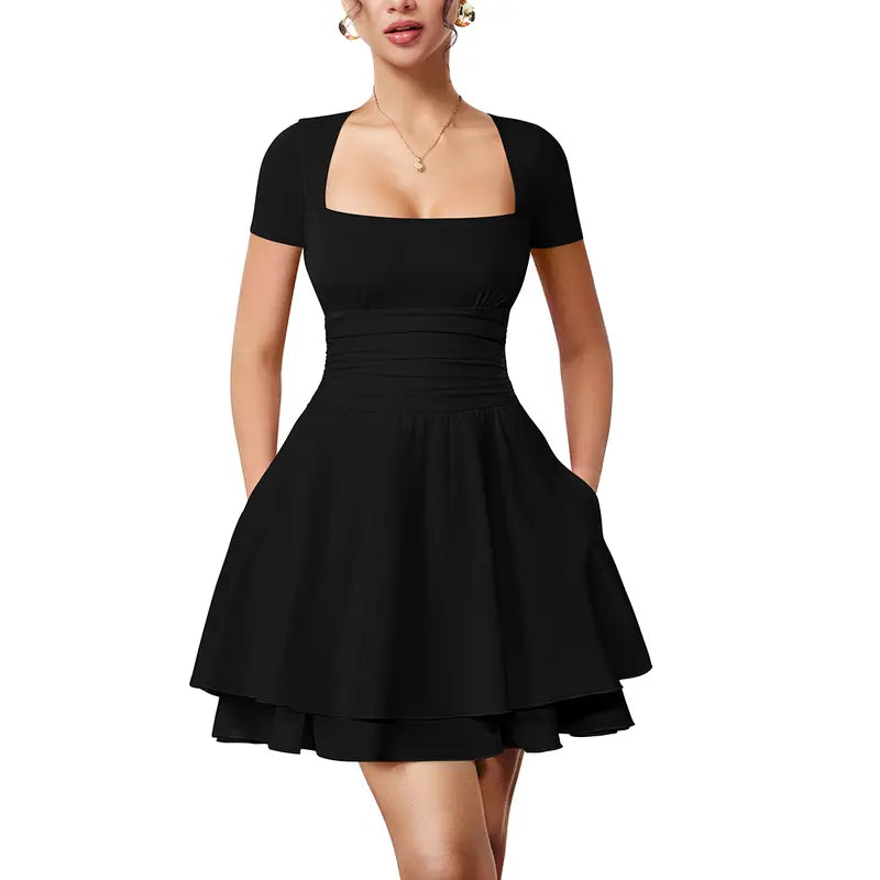 Women's Casual Square-Neck Ruffled Mini Dress – Short Sleeve, Short-Length Party Dress with Pockets